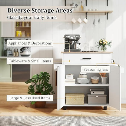 Giantex Kitchen Island with Storage, 41.5" W Rolling Island Table with Cabinet, Drawer, Towel Rack & Spice Rack, Bar Kitchen Cart On Wheels for Living Dining Room, White