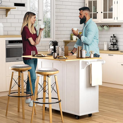 Kitchen Island with Storage, Rolling Kitchen Island Cart with Drop Leaf, Storage Drawers, Spice Rack, and Towel Rack for Kitchen and Dining Room, White