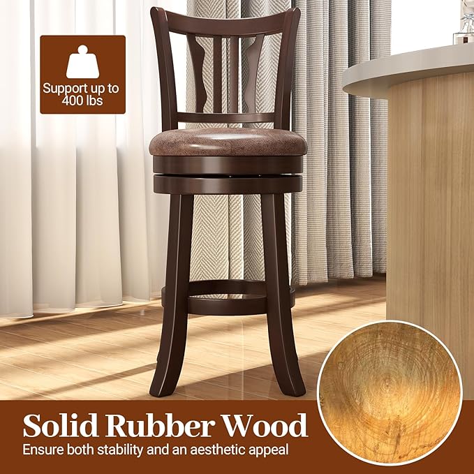 Giantex Swivel Bar Stools Set of 2, 26" Upholstered Counter Height Bar Chairs with Back, Faux Leather Seat, Solid Rubber Frame & Wrap-Around Footrest, Wooden Barstools for Kitchen Island, Pub