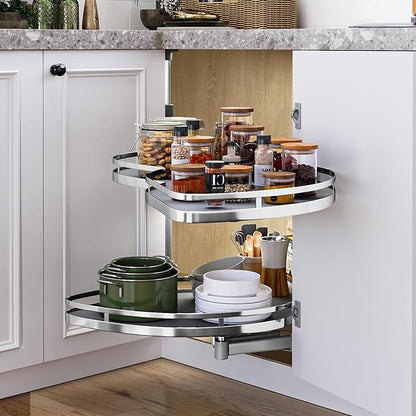 DWVO Corner Cabinet Organizer, 2-Tier Blind Corner Pull Out with 270° Rotating Shelf, Right Swing Tray, Heavy-Duty Iron, Easy-Install Template, 32.7"x17.3"x21.3", Gray