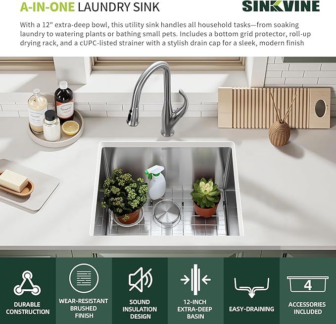 24-inch Undermount Laundry Utility Sink - 24x18x12 Extra Deep Stainless Steel Single Bowl Basin with Drain Strainer, Bottom Grid & Drying Unit for Laundry Room, Outdoor, Garage, Kitchen Use