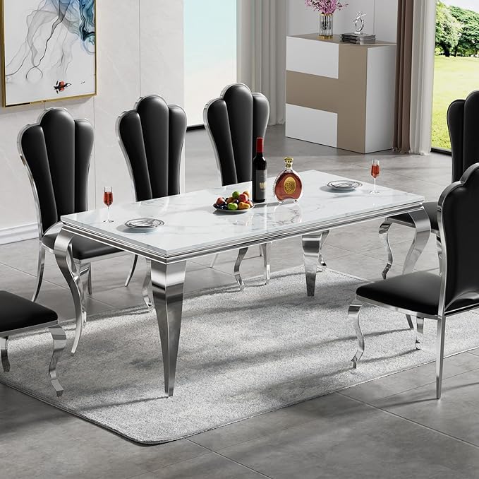 Modern Dining Table for 6-8, 68 Inch White Marble Kitchen Table with Silver Mirrored Cabriole Legs, Luxurious Rectangular Faux Marble Dining Room Table for Dining Room,Living Room(No Chairs)