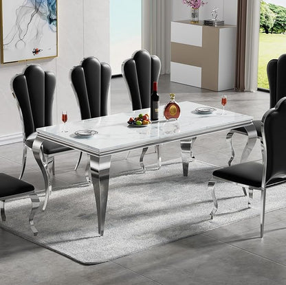 Modern Dining Table for 6-8, 68 Inch White Marble Kitchen Table with Silver Mirrored Cabriole Legs, Luxurious Rectangular Faux Marble Dining Room Table for Dining Room,Living Room(No Chairs)