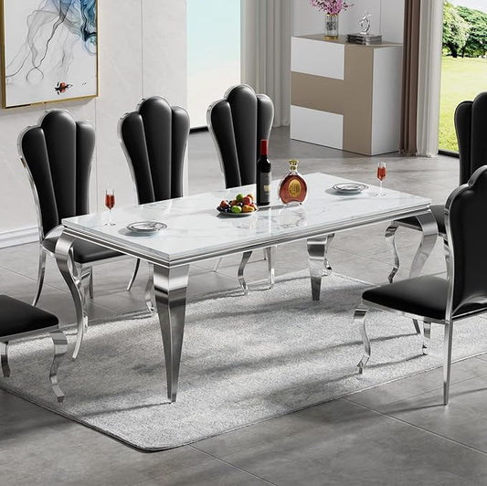 Modern Dining Table for 6-8, 68 Inch White Marble Kitchen Table with Silver Mirrored Cabriole Legs, Luxurious Rectangular Faux Marble Dining Room Table for Dining Room,Living Room(No Chairs)