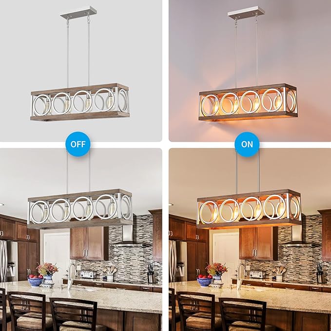 XINGQI 31.5" Farmhouse Dining Room Chandeliers, Large Rectangle Vintage Hanging 4-Light Kitchen Island Lighting,Fixture Rustic Metal Pendant Light, Antique Wood Grain
