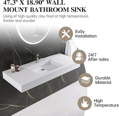 47" Wall Mount Sink Matte Bathroom Vanity Vessel Sinks Artificial Stone Rectanglee Indoor Outdoors Modern Floating or Countertop Freestanding Wall Hang Sink Bowl… (single Holes 47'')…