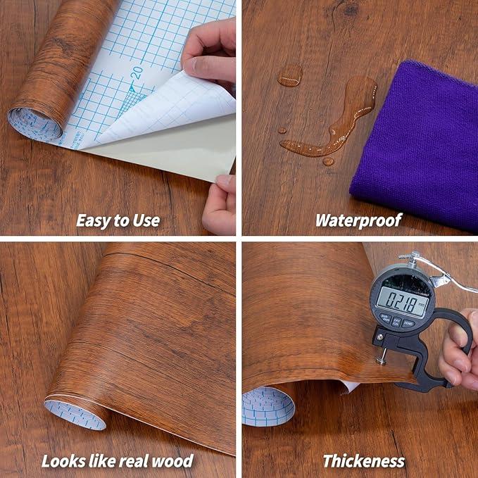 Decoroom Wood Grain Contact Paper with Tools, 17.71" X236" Brown Peel and Stick Wallpaper, Self-Adhesive Wood Wallpaper Removable for Old Furniture Kitchen Cabinets