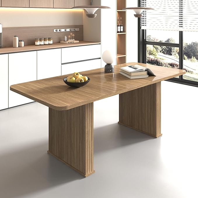 Modern Farmhouse Expandable Dining Table for 8-10 People, 78.74" Extendable Dining Table with Wood Strip Base, Large Rectangular Expandable Kitchen Dining Room Table for Dinner Party, Gathering, Brown