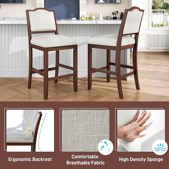 Counter Height Bar Stools Set of 2 Rustic 2 Pack Bar Stools with Rubber Wood Frame, Ergonomic Backrest, for Kitchen Island, Dining Room, Cherry
