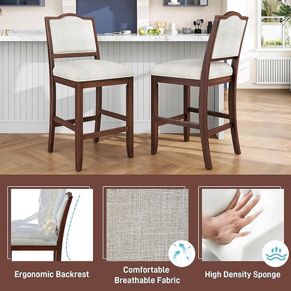 Counter Height Bar Stools Set of 2 Rustic 2 Pack Bar Stools with Rubber Wood Frame, Ergonomic Backrest, for Kitchen Island, Dining Room, Cherry