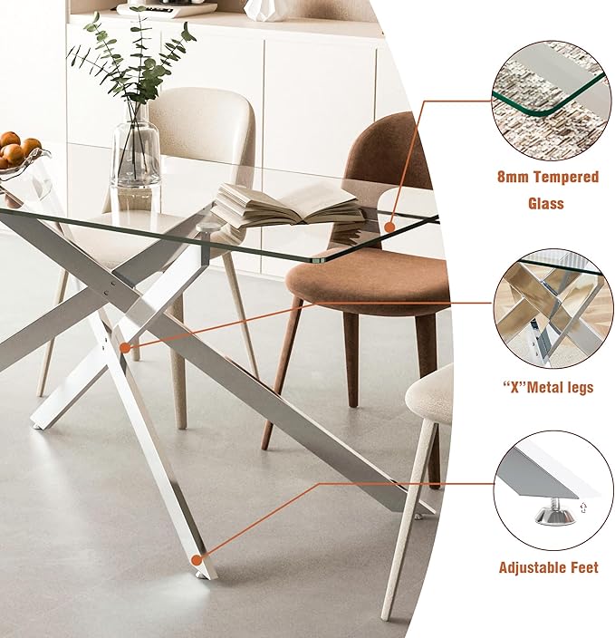 61" Glass Dining Table for 6, Modern Kitchen Dining Room Table with Rectangular Tempered Glass Top and X Metal Legs, Large Silver Glass Dinner Table for Kitchen