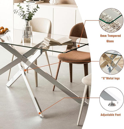 60.6'' Tempered Glass Dining Table for 4-6 People, Rectangle Kitchen Table with X-Base Metal Legs, Adjustable Feet, Glass Top Desk for Home Office Silver Dining Room Table for 6