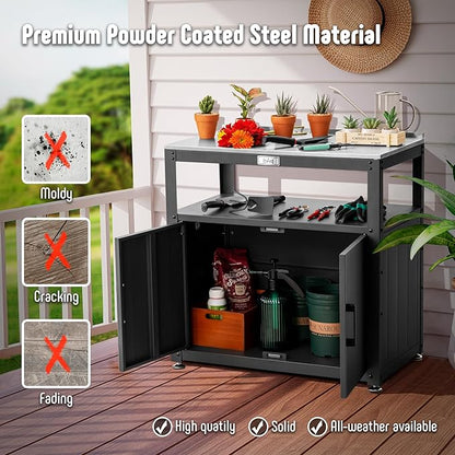 Feasto Garden Potting Bench with Storage, Outdoor Potting Table & Garden Work Bench for Plants, Horticulture, Outdoor Potting Station with Stainless Steel Tabletop, Outdoor Work Table
