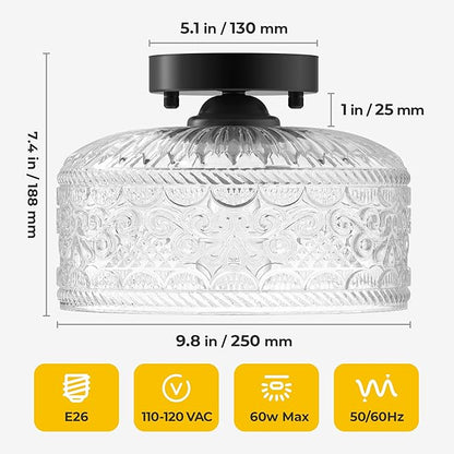 Semi Flush Mount Ceiling Light Black, Upgraded Larger Vintage Glass Pendant Lamp Shade, Modern Farmhouse Light Fixture for Hallway Corridor Kitchen Entryway Bedroom, Bulb Not Included