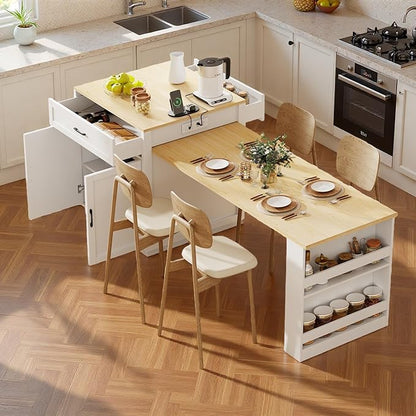 82.7"-56" Kitchen Island with Extendable Dining Table, Faux Mable Kitchen Cart with Power Outlet, Double-Sized Storage, Rolling Kitchen Table with Storage 2 Drawers 2 Side Open Shelves, White