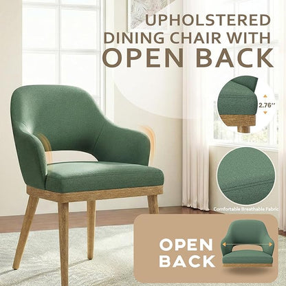 MALOL Wooden Dining Chairs Set of 2, Modern Fabric Upholstered Dining Room Chair, Kitchen Side Chairs, Farmhouse Dinner Chair with Open Back for Kitchen, Green