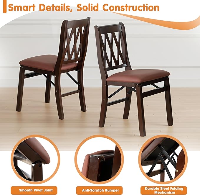 East West Furniture - PNC-MAH-26 – Plano Folding Solid Wood Dining Room Chairs with PU Leather Seat, 3-X Back Design, Set of 2, No Assembly Needed, Mahogany Wood Finish