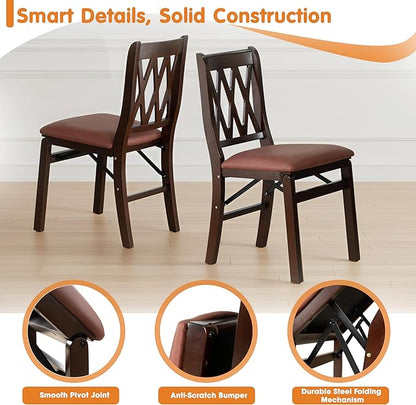 East West Furniture - PNC-MAH-26 – Plano Folding Solid Wood Dining Room Chairs with PU Leather Seat, 3-X Back Design, Set of 2, No Assembly Needed, Mahogany Wood Finish