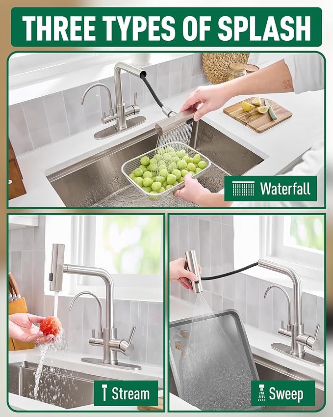 Fapully Pull-Down Kitchen Faucets, 3 Way Kitchen Sink Faucet with Pull Down Sprayer and Drinking Water Faucet, Include Deck Plate for 1 or 3 Holes Brushed Nickel