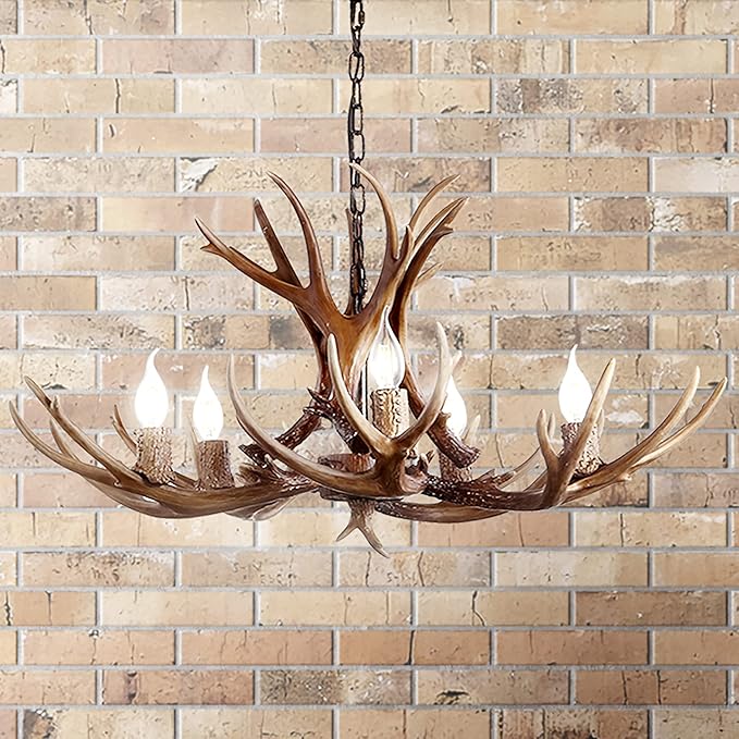 JONATHAN Y 30" Brown Rustic Resin Antler 5-Light LED Chandelier, Farmhouse Faux Deer Horn Hanging Ceiling Light for Dining Room, Kitchen Island, Adjustable Light Fixture (JYL6300A)