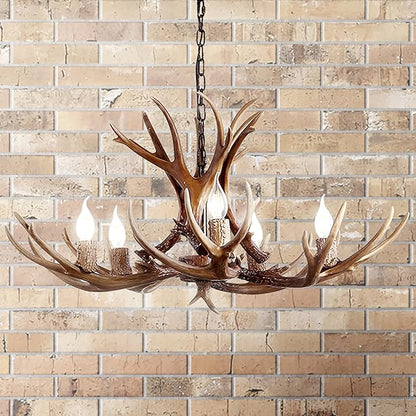 JONATHAN Y 30" Brown Rustic Resin Antler 5-Light LED Chandelier, Farmhouse Faux Deer Horn Hanging Ceiling Light for Dining Room, Kitchen Island, Adjustable Light Fixture (JYL6300A)