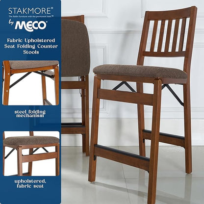 MECO Stakmore Solid Wood Dining Table Counter Stools Set - Fabric Padded Upholstered Seat & Steel Folding Mechanism, Fruitwood Frame & Jax Fabric