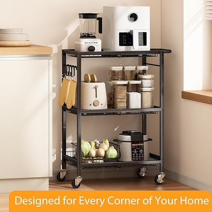 3-Tier Rolling Cart, Space-Saving Kitchen Cart with 150Lbs Capacity, Black Storage Cart with 2 Lockable Wheels for Kitchen Island, Restaurant, Garage, Backyard
