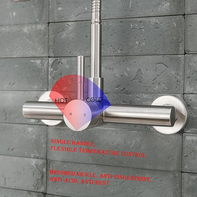Wall Mount Kitchen Sink Faucet 8 Inch Center with Flexible Sprayer,Stainless Steel Mixer Tap with Dual Function Sprayer,Nickel Brushed Unility Sink Faucet