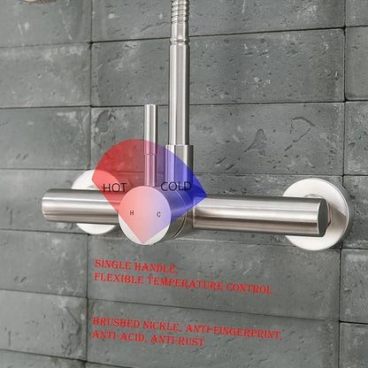 Wall Mount Kitchen Sink Faucet 8 Inch Center with Flexible Sprayer,Stainless Steel Mixer Tap with Dual Function Sprayer,Nickel Brushed Unility Sink Faucet