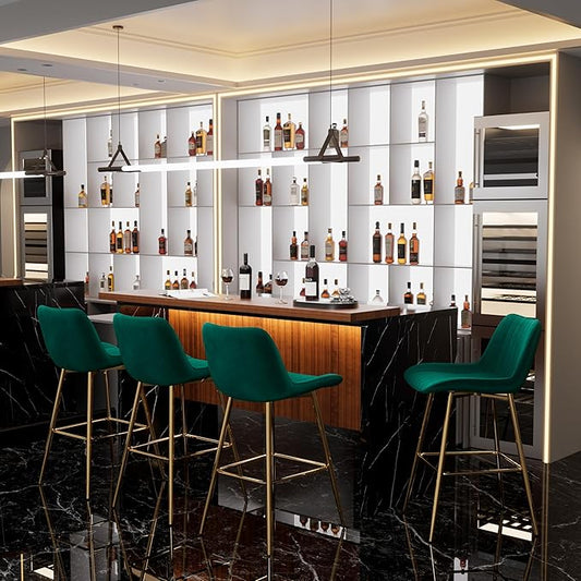 Modern Bar Table and Bar Stools Set, Marble-Look Counter Table with Wood Accent Top & Green Velvet Bar Chairs Set of 4 with Gold Legs, Kitchen Island Pub Table Set for Home Bar, Dining Room