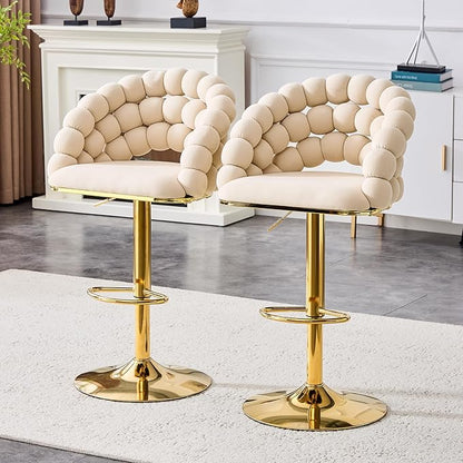 Set of 2 Beige Puffy Bubble Chair Ball Chain Chair Velvet Bar Stools with Gold Legs, Tufted Adjustable Bar Chairs for Kitchen Island Home Bar