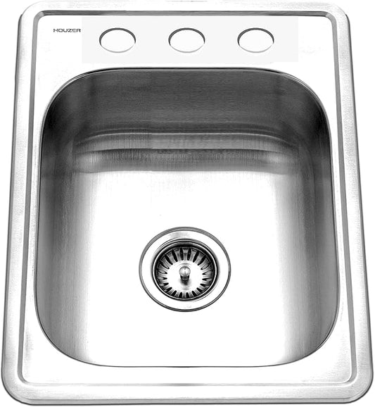 Houzer Glowtone ADA Compliant 17 inch Stainless Steel Topmount 3-hole Bar Sink with Strainer- A1722-7BS-1