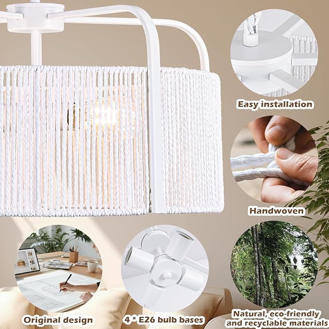 20” Rattan Chandelier, 5-Light Large Hand Woven Boho Chandelier with Fabric Shade, Farmhouse Light Fixtures for Dining Room & Kitchen Island (White, 20")