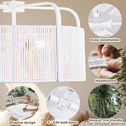20” Rattan Chandelier, 5-Light Large Hand Woven Boho Chandelier with Fabric Shade, Farmhouse Light Fixtures for Dining Room & Kitchen Island (White, 20")
