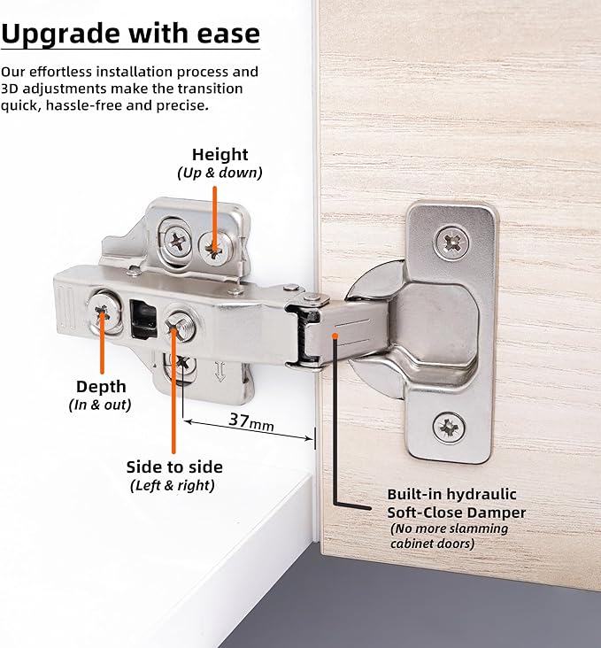 DecoBasics Full Overlay European Soft Close Cabinet Hinges for Kitchen Cabinets (6 Pcs) -105° Frameless Concealed Cabinet Door Hinge -4 Way Adjustability & Clip on Plate for Easy Installation