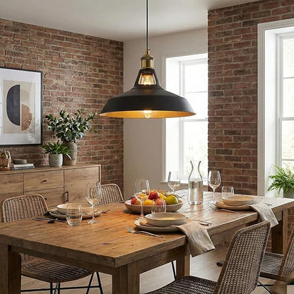 Black Gold Interior Industrial Farmhouse Pendant Light 1m Adjustable Cord, Vintage Barn Metal Hanging Lamp Fixture, Rustic Retro Ceiling Lighting for Kitchen Island Dining E26 (Black Inner Gold)