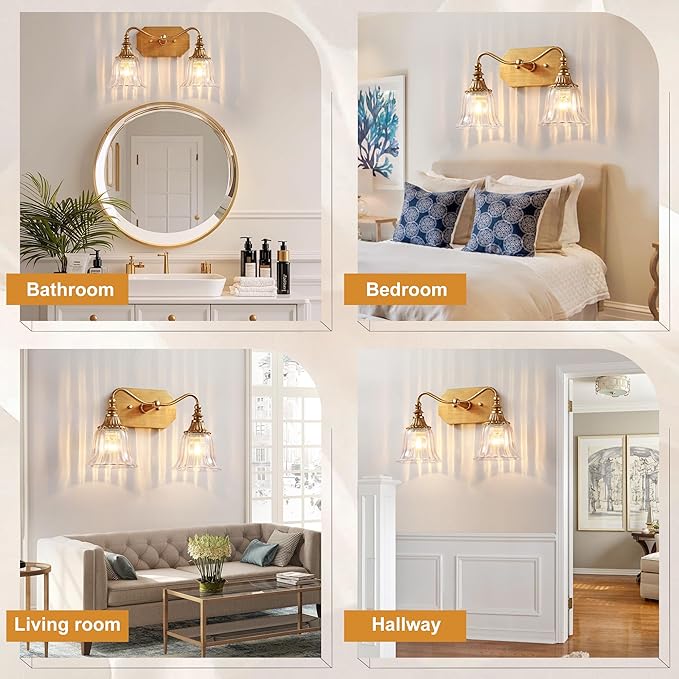 LmnLvn Bathroom Vanity Gold Light Fixture, 2 Lights Bathroom Lighting Matte Antique Brass Finish with Crystal Glass Shade, Gold Vintage Vanity Light for Bathrooms