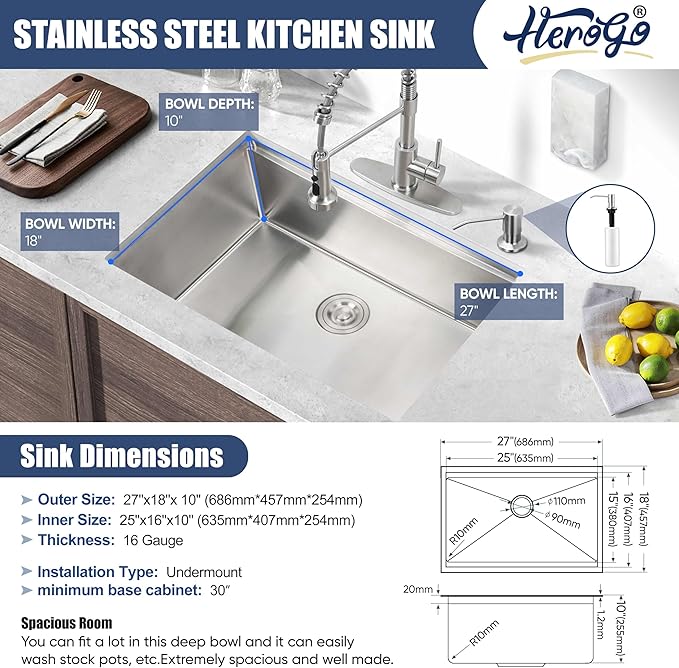 27x18Inch Undermount Kitchen Sink, Herogo Stainless Steel Single Bowl Handmade 16 Gauge 10'' Deep Kitchen Workstaion Sink Basin with Accessories