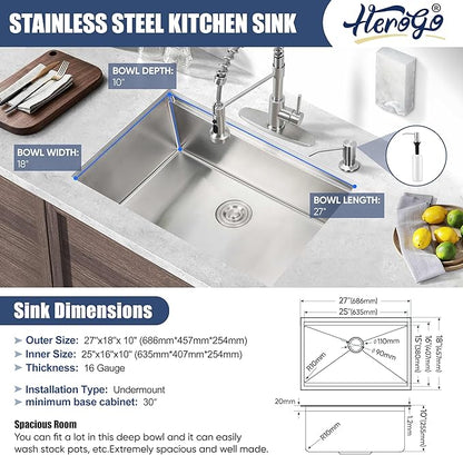 27x18Inch Undermount Kitchen Sink, Herogo Stainless Steel Single Bowl Handmade 16 Gauge 10'' Deep Kitchen Workstaion Sink Basin with Accessories