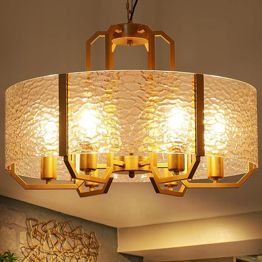 COCOSTAR Modern Glass Drum Chandeliers for Dining Room,6 Lights Farmhouse Crystal Chandelier,24" Vintage Foyer Lighting Fixtures,Gold Pendant Lights for Kitchen Island,Bedroom,Living Room
