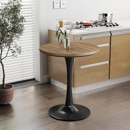 24" Small Tulip Table for 2 Person, Walnut Wood Round Dining Table for Kitchen, Mid Century Modern Table with Metal Pedestal Base for Cafe, Pub, Bar, Living Room, Bar, 24 inch Circle Bistro Tables