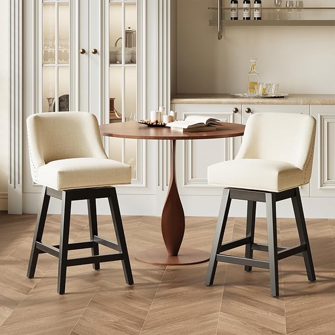MALOL Swivel Bar Stools Set of 6, 27" Counter Height Kitchen Stools with Padded Seats and Solid Wood Legs, Upholstered Barstools for Kitchen Island, Breakfast Nook (Beige)