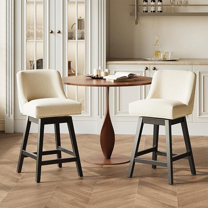 MALOL Swivel Bar Stools Set of 6, 27" Counter Height Kitchen Stools with Padded Seats and Solid Wood Legs, Upholstered Barstools for Kitchen Island, Breakfast Nook (Beige)