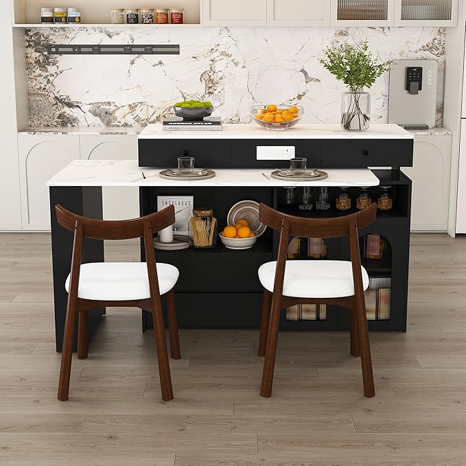 Kitchen Island Set with 2 Solid Wood Chairs, Extendable Rotating Table,with Marble Veneer Retro Design, 4 Drawers Glass Door Cabinets, Expandable Dining Station for 2 4 Person