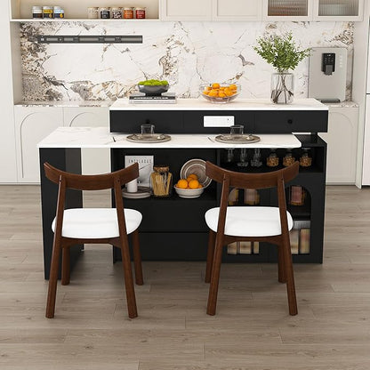 Kitchen Island Set with 2 Solid Wood Chairs, Extendable Rotating Table,with Marble Veneer Retro Design, 4 Drawers Glass Door Cabinets, Expandable Dining Station for 2 4 Person