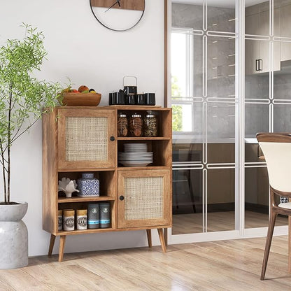 Giantex Buffet Cabinet, Wood Sideboard Storage with 2 Rattan Doors & 2 Cubes, Farmhouse Coffee Bar Accent, Freestanding Cupboard Organizer for Living Room Kitchen Hallway
