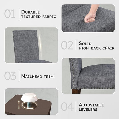 Lexicon Upholstered Dining Chairs Set of 2 - Soft Durable Fabric Armless High Back Kitchen Modern Dining Room Chairs for 2, Nailhead Trim Side, Brushed Brown Sturdy Wooden Frame, Easy Assembly, Gray