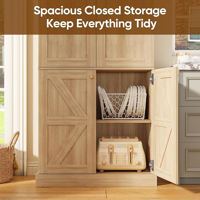 70.8" Tall Kitchen Pantry Cabinet with Doors, Farmhouse Modular Storage Cabinet with 4-Tier Adjustable Shelves, Large Storage Cabinet for Kitchen or Living Room, Brown