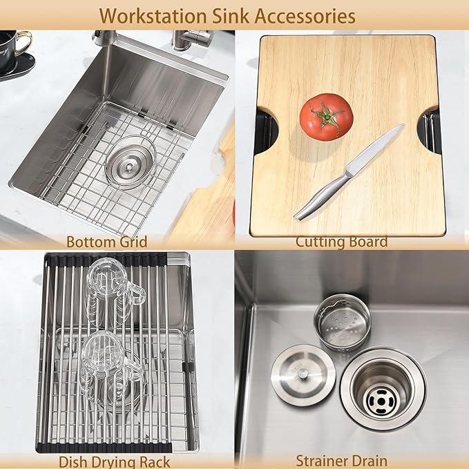 13 Inch Bar Sink Undermount Workstation,13x18 Undermount Bar Sink Small Bar Sinks 18 Gauge Stainless Steel Single Bowl Kitchen Sinks with Cutting Board