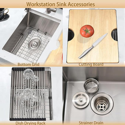 13 Inch Bar Sink Undermount Workstation,13x18 Undermount Bar Sink Small Bar Sinks 18 Gauge Stainless Steel Single Bowl Kitchen Sinks with Cutting Board